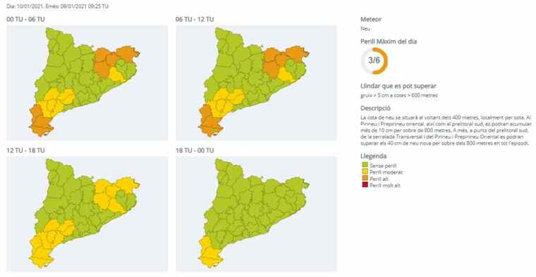 Mapa d'alertes per neu a Catalunya el 10 de gener del 2021