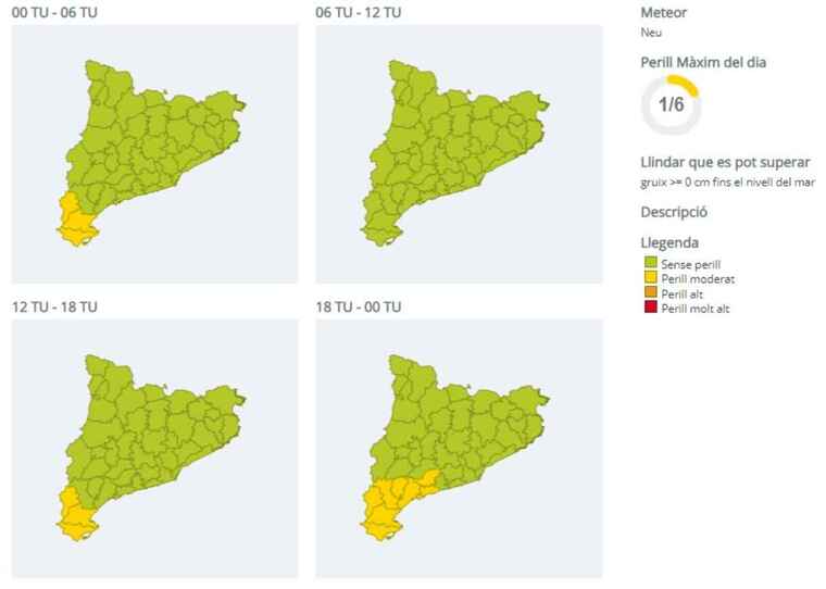 Mapa d'alertes per neu a Catalunya el 8 de gener del 2021