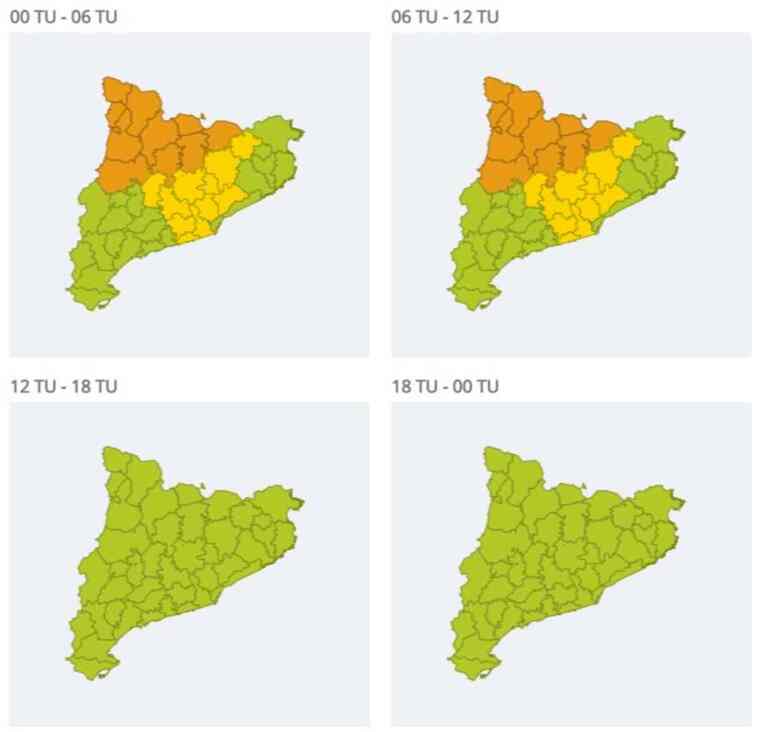 Mapa d'alertes per onada de fred a Catalunya el 5 de gener del 2021