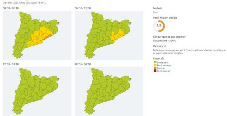 Mapa d'alertes per vent a Catalunya el 10 de gener del 2021