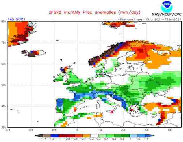 Mapa d'anomlies de precipitacions previstes per aquest mes de febrer del 2021 a tot Europa