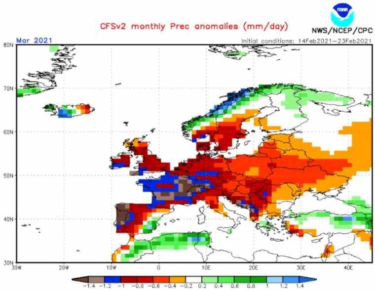 Mapa d'anomalies de precipitació a Europa previstes per aquest mes de març