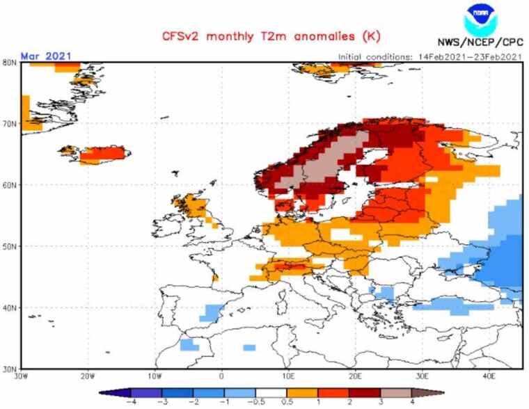 Mapa d'anomalies de temperatura a Europa previstes per aquest pròxim mes de març