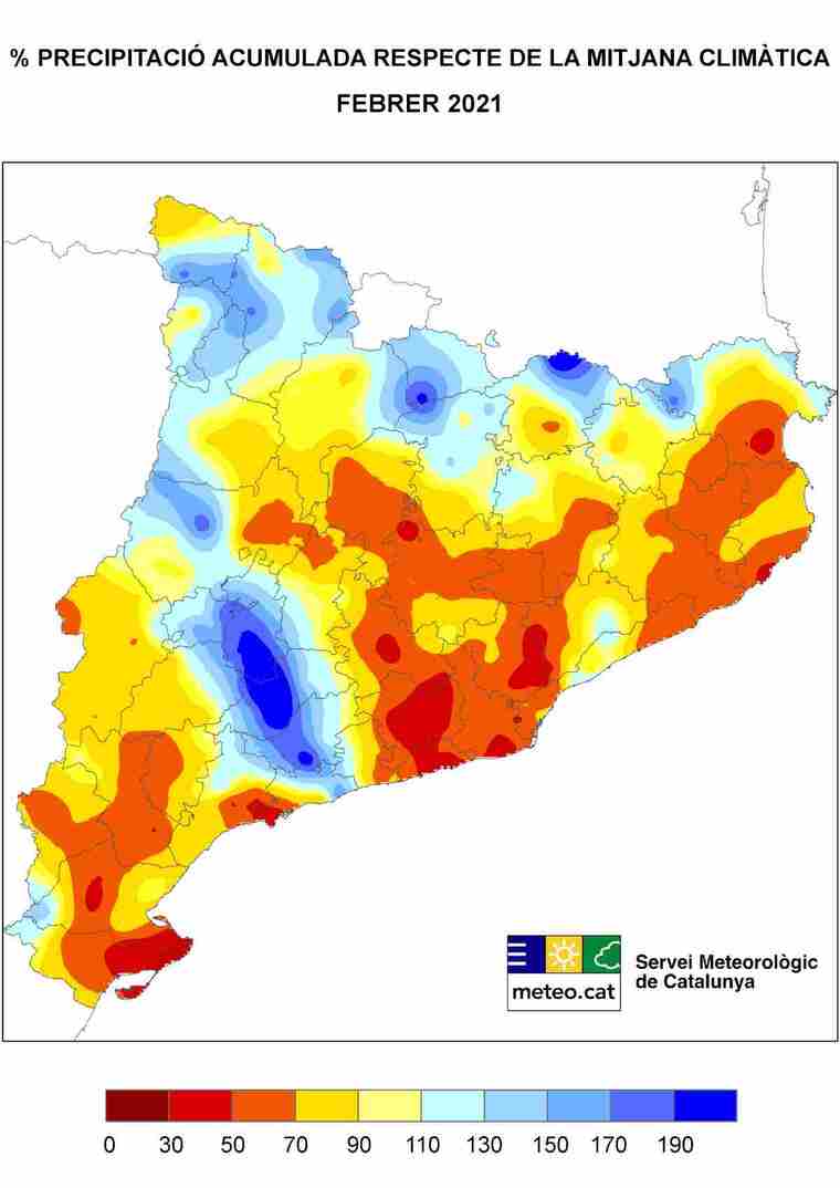 Mapa d'anomalies de pluja a Catalunya aquest febrer del 2021