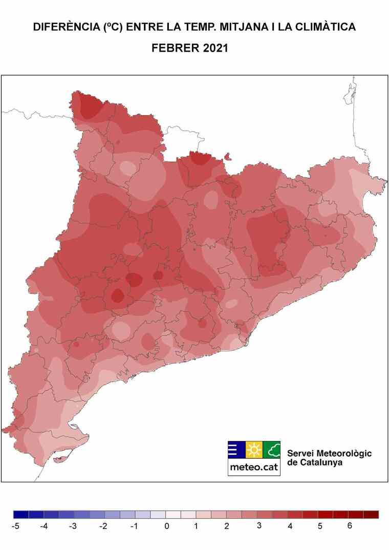 Mapa d'anomalies de temperatura a Catalunya d'aquest febrer del 2021