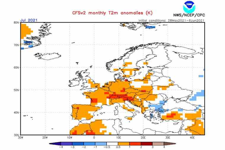 Mapa d'anomalia de TºC a Europa el juliol del 2021