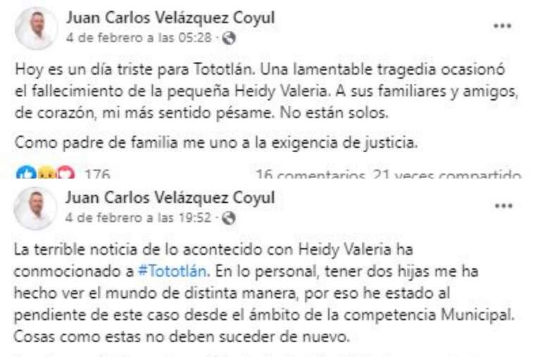 Publicació a Facebook del president municipal de Tototlán sobre la mort de Heidy Valeria
