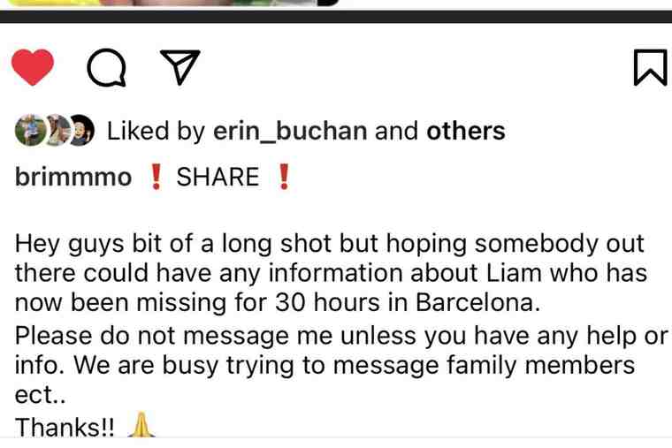 Publicació Instagram per la desaparició d'un jugador de rugbi