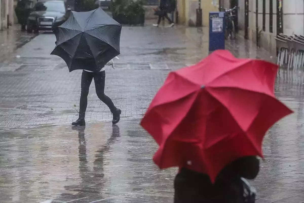 Foto de dues persones amb paraigües amb pluja