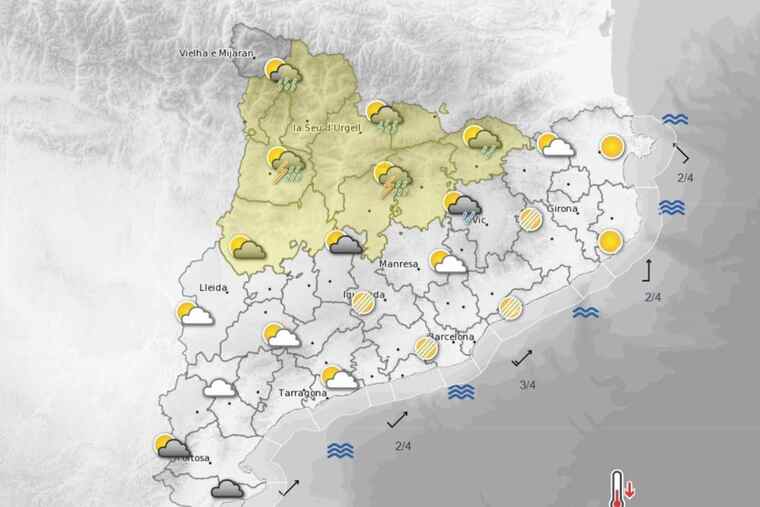 Imatge del mapa que indica la situació meteorològica d'aquesta tarda del 28 de maig a Catalunya.