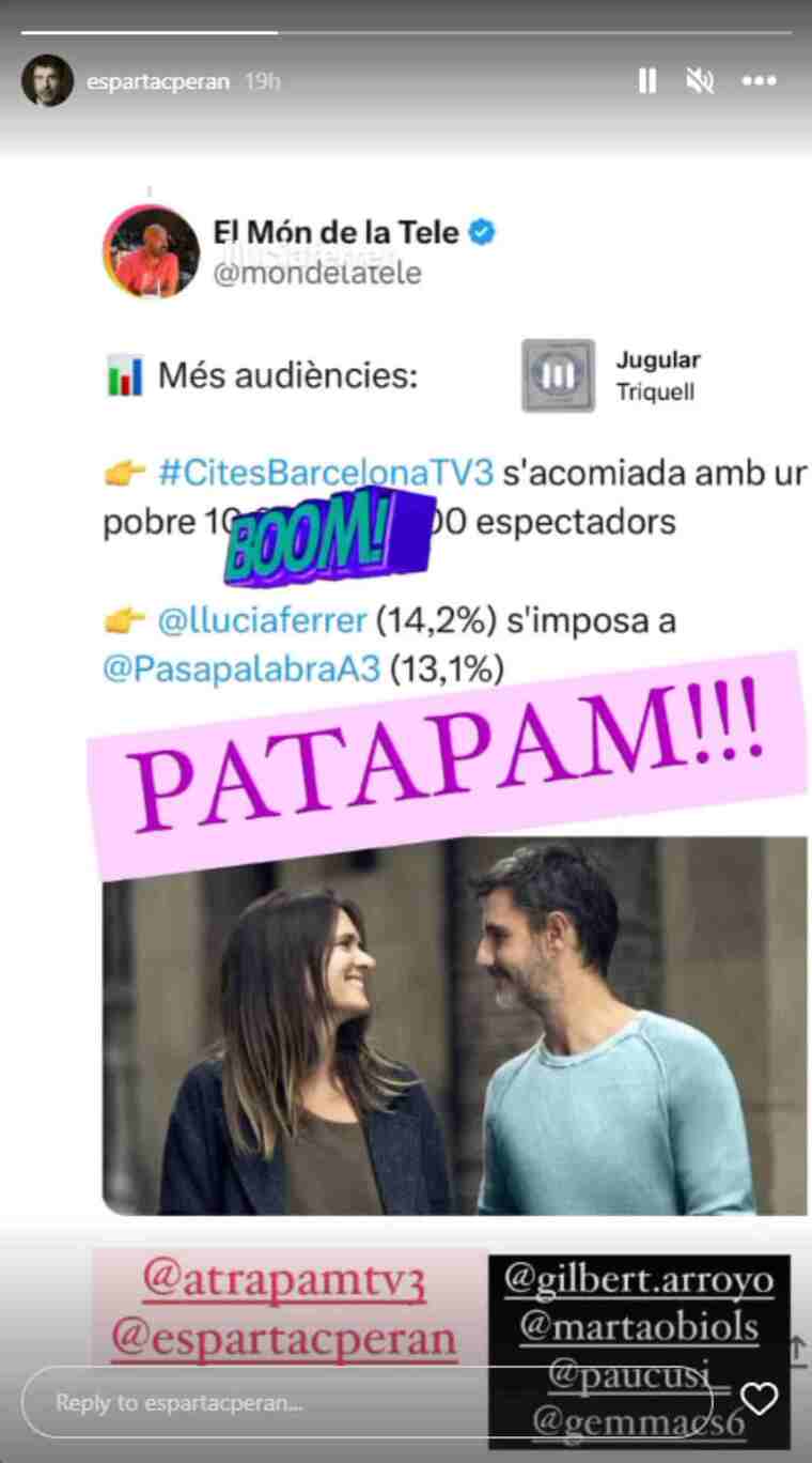 Instagram stories d'Espartac Peran fent referència a les audiències del programa de TV3, 'Atrapa'm si pots'