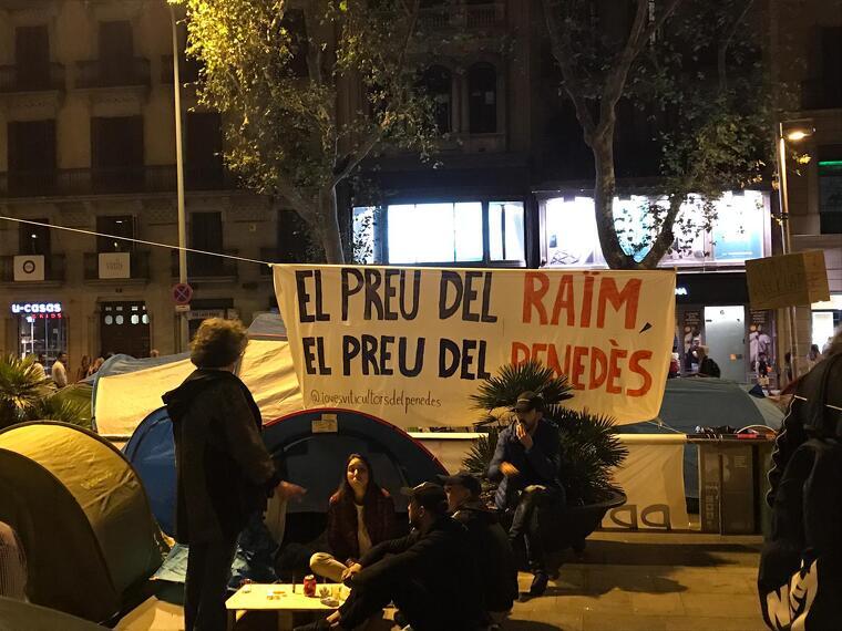 La pancarta que els estudiants en vaga han penjat a la Plaça Universitat en solidaritat amb els pagesos viticultors del Penedès