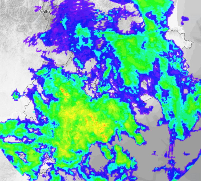 Imatge del radar meteorològic al migdia amb el gruix de pluja al damunt del Camp de Tarragona
