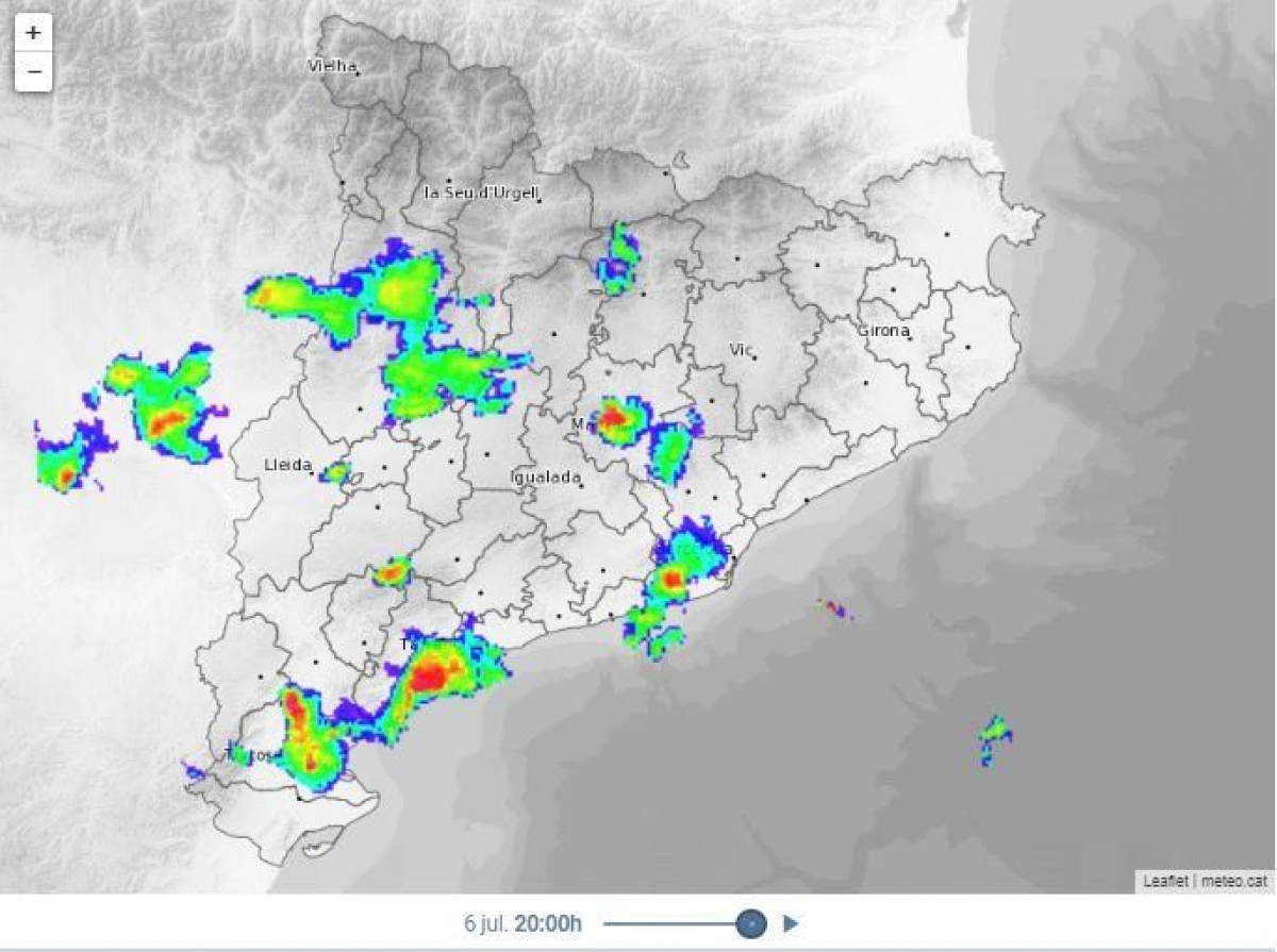 Imatge del radar meteorològic, amb els xàfecs a sobre de les comarques de Tarragona.