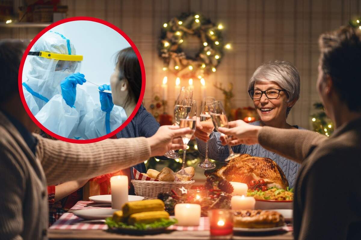 Muntatge de fotos de persones brindant en un sopar de Nadal amb una imatge d'un sanitari fent una PCR