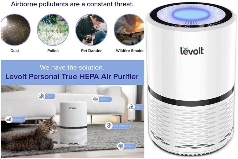 Muntatge amb dues imatges del purificador d'aire filtre HEPA a la venda a Amazon