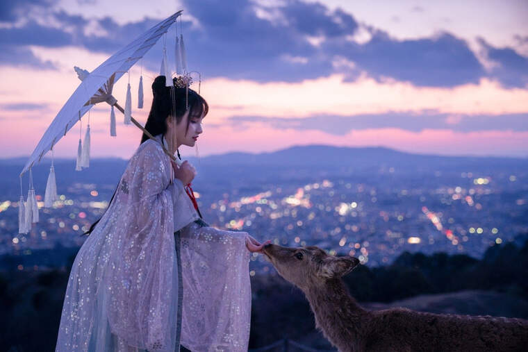 A Japanese woman dressed in a kimono feeding a deer