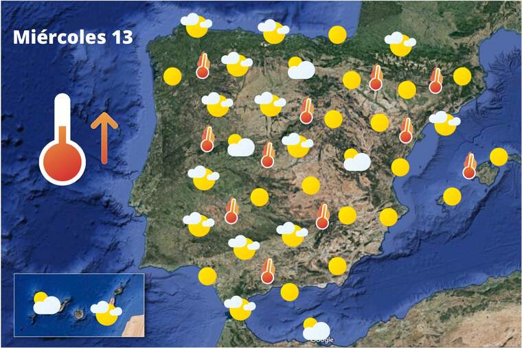 Mapa de previsión en España el 13 de julio de 2022
