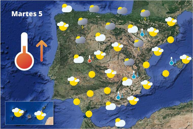 Mapa de previsión en España el 5 de julio de 2022