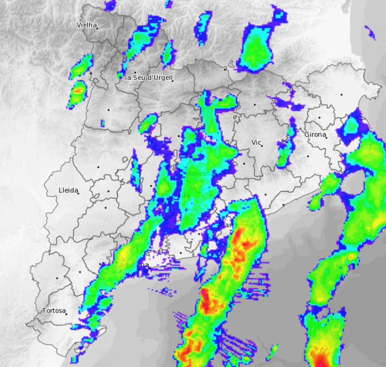 Imatge del radar amb la forta tempesta a Barcelona aquest matí