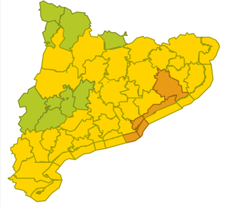Mapa d'alerta per forta pluja a Catalunya a partir de la propera mitjanit