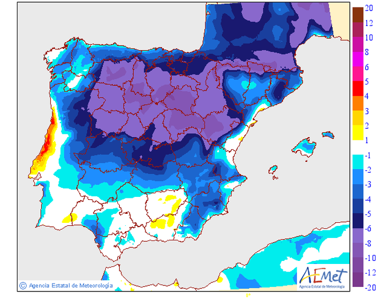 Mapa del descens clar de la temperatura a Catalunya i a tota la meitat nord peninsular