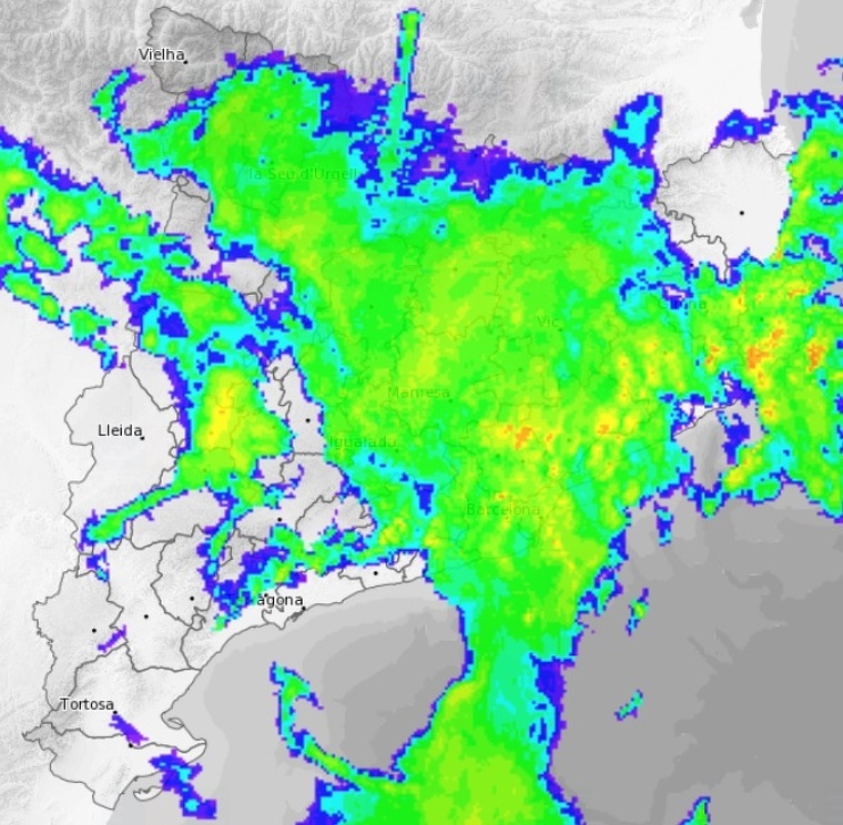Imatge del radar divendres a la nit amb un màxim de pluges