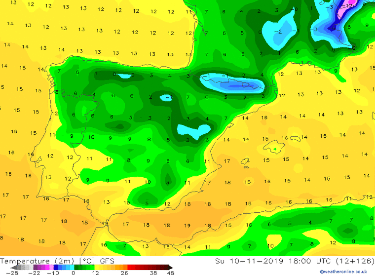 Mapa de les temperatures molt baixes previstes a Catalunya diumenge a la tarda