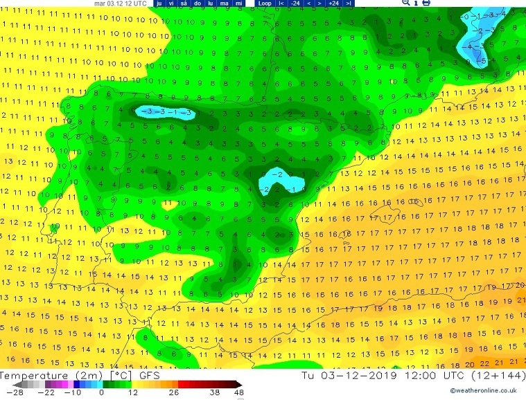 Mapa de temperatures el proper dimarts al migdia, sense arribar als 10º a gran part de Catalunya