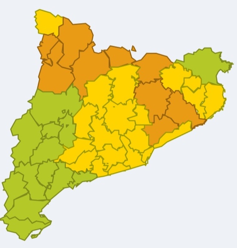 Mapa d'alertes per fort vent a Catalunya el dissabte 21 de desembre del 2019 a la nit