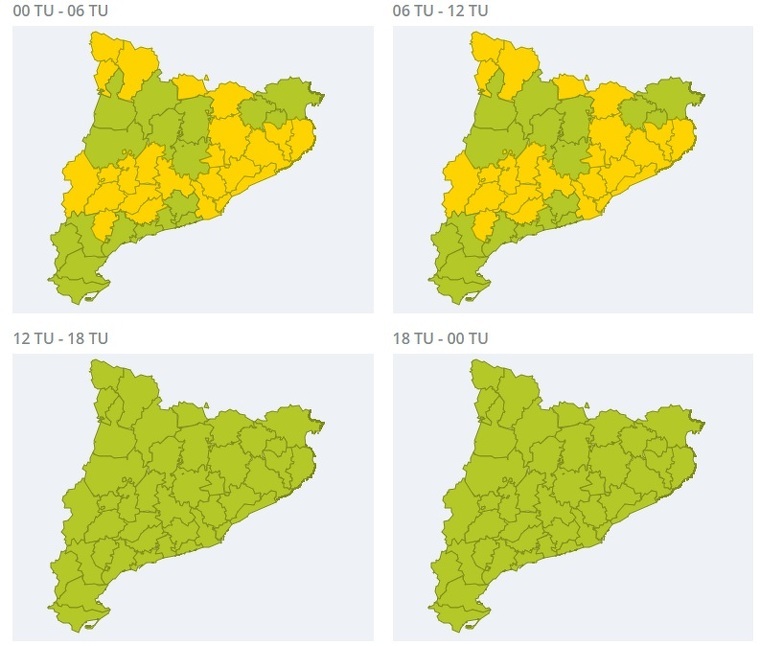 Mapa que mostra les alertes activades per fort vent a Catalunya el divendres 20 de desembre del 2019