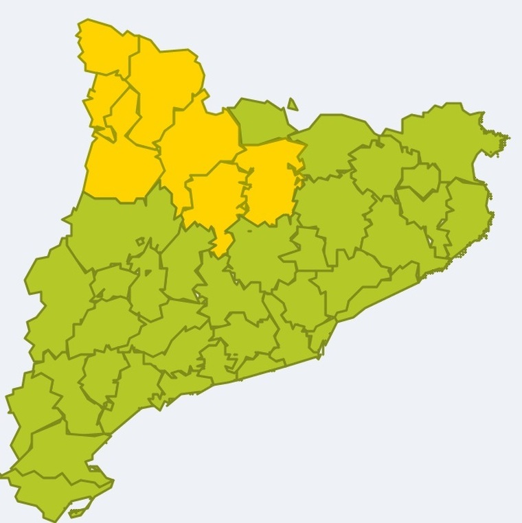 Mapa d'avisos per acumulacions de pluja de fins a 100 l/m² a Catalunya el divendres 20 de desembre del 2019