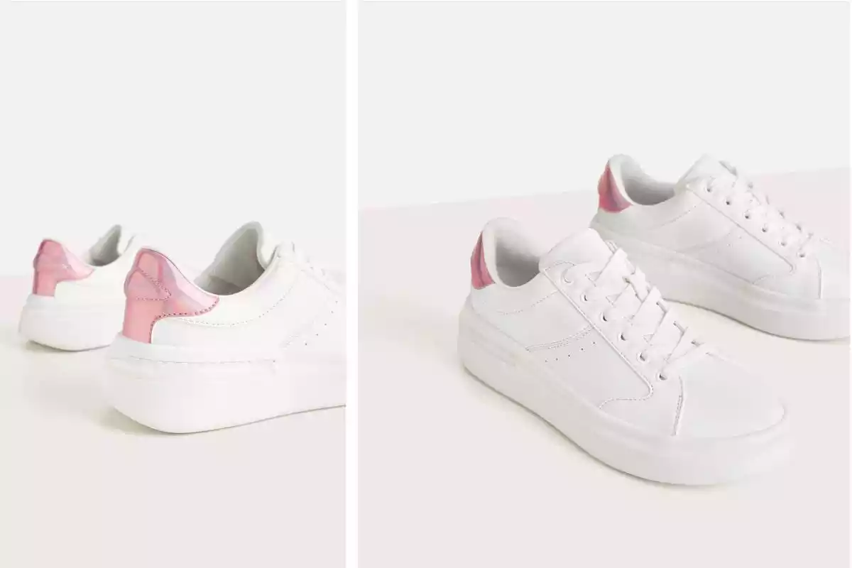 Fotografía de las zapatillas blancas con detalles de Bershka, julio de 2020 Fotografía de las zapatillas blancas con detalles de Bershka, julio de 2020