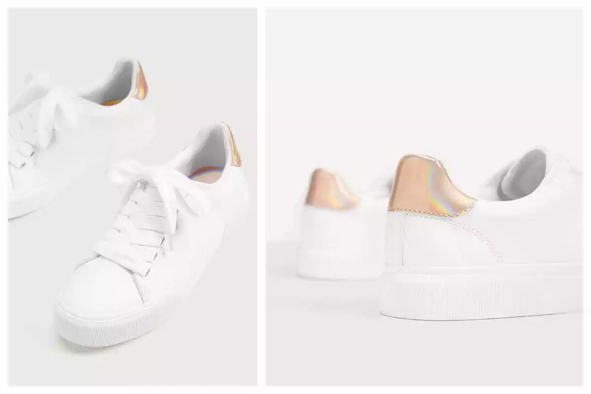 Fotografía de las zapatillas blancas con detalles de Bershka, julio de 2020 Fotografía de las zapatillas blancas con detalles de Bershka, julio de 2020