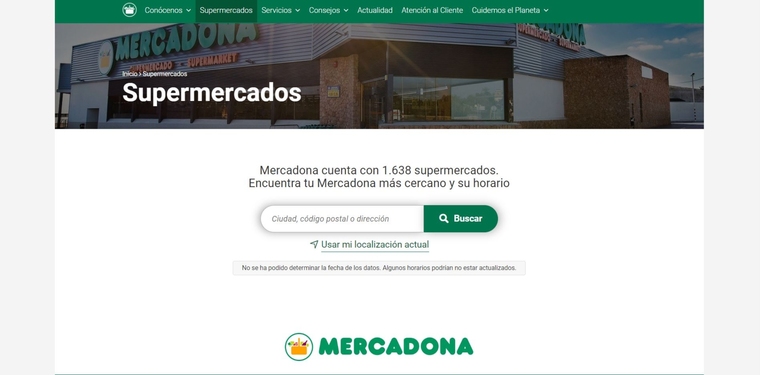Imatge de la pàgina web de Mercadona on es poden consultar els horaris segons la localització