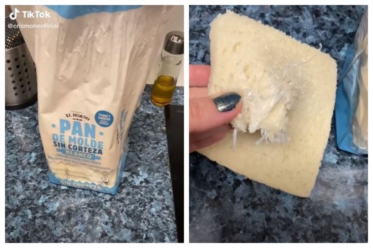Captures de l'Tik Tok de la usuària @crismoneoficial ensenyant el pa de motlle amb plàstic
