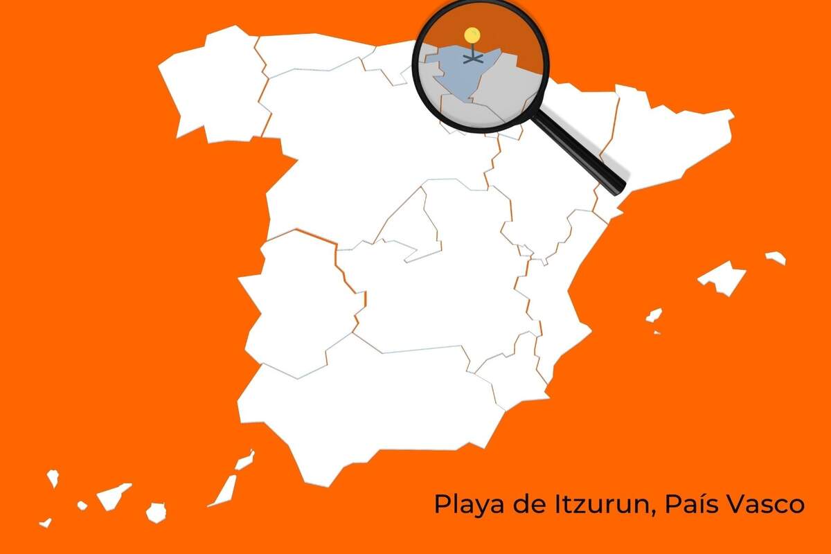 Mapa de color naranja con una lupa en la playa de Itzurun Mapa de color naranja con una lupa en la playa de Itzurun