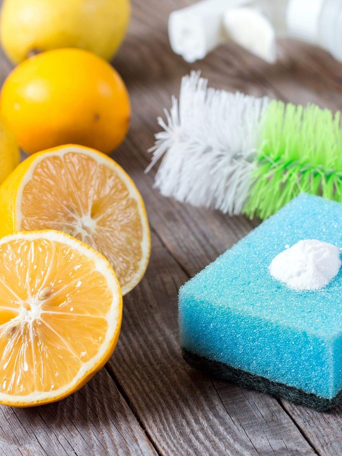 Varios limones con una esponja y bicarbonato Varios limones con una esponja y bicarbonato