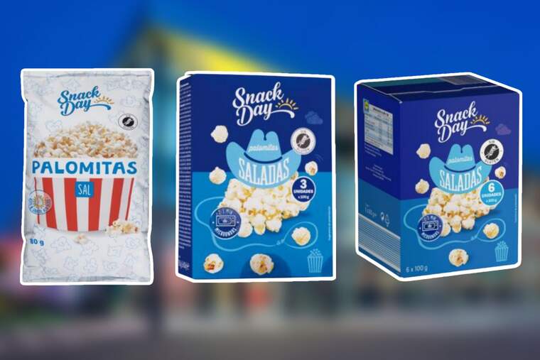 Montaje de los lotes de palomitas defectuosos de la marca Snack Day que vende Lidl