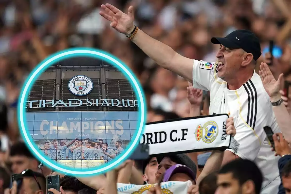Montaje de un aficionado del Real Madrid animando al lado de una imagen recortada del exterior del Etihad Stadium Montaje de un aficionado del Real Madrid animando al lado de una imagen recortada del exterior del Etihad Stadium