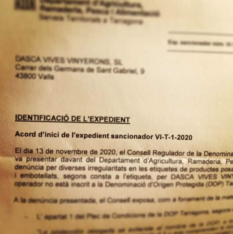 El document del DARP de l'expedient sancionador a Dasca Vives de Valls per fer servir el nom del municipi