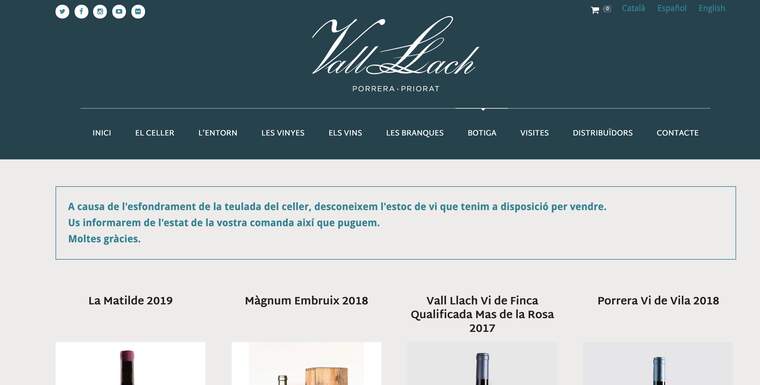 La home de la botiga online de Vall Llach amb el missatge que recorda que no saben de quin vi disposen