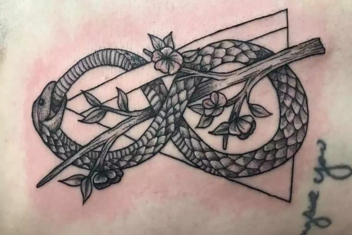Diseño de un tatuaje del símbolo del infinito con una serpiente y detalle de rosas y con un triángulo y una rama Diseño de un tatuaje del símbolo del infinito con una serpiente y detalle de rosas y con un triángulo y una rama