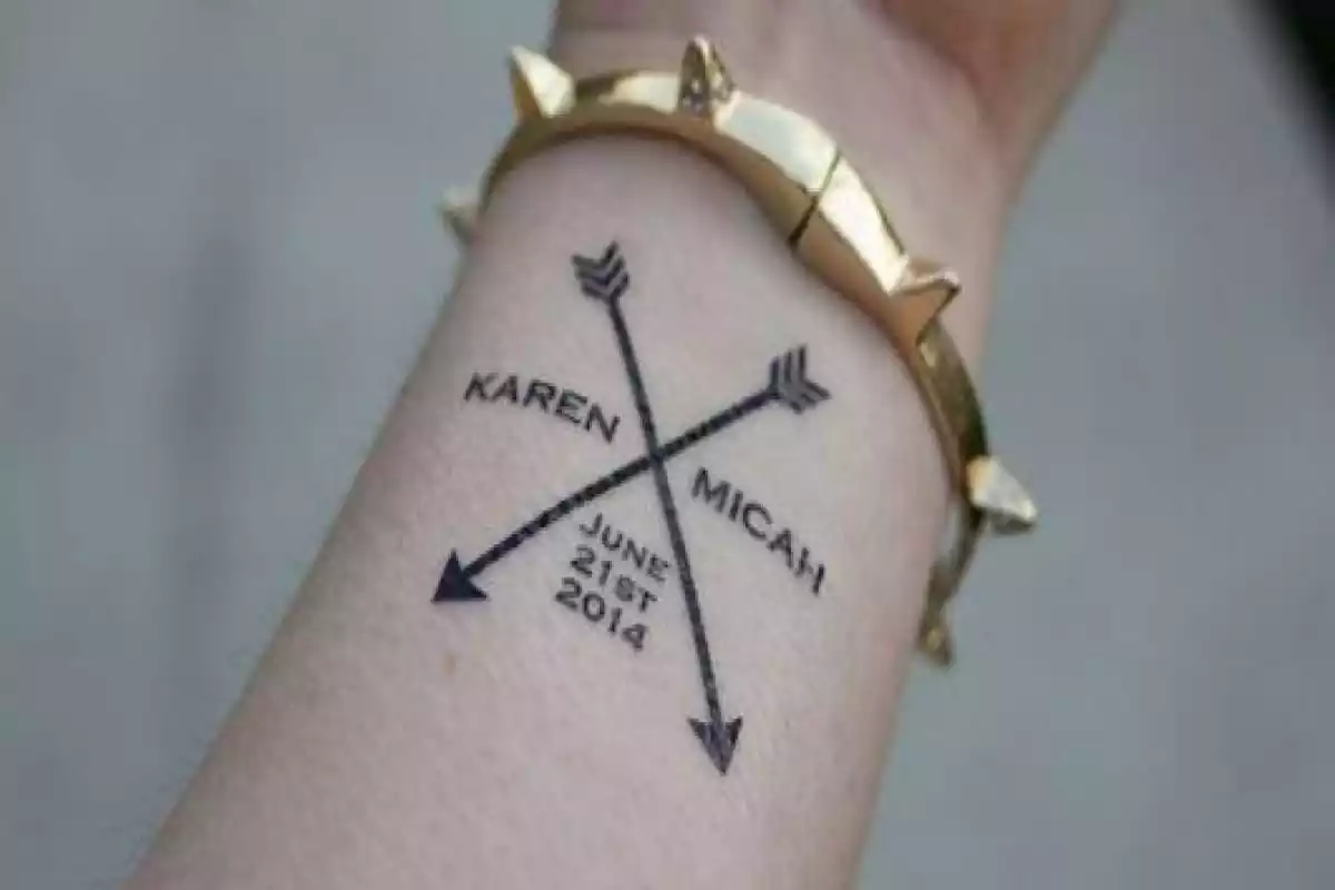 Diseño tatuaje nombres con dos flechas en la muñeca, dos nombres y una fecha Diseño tatuaje nombres con dos flechas en la muñeca, dos nombres y una fecha