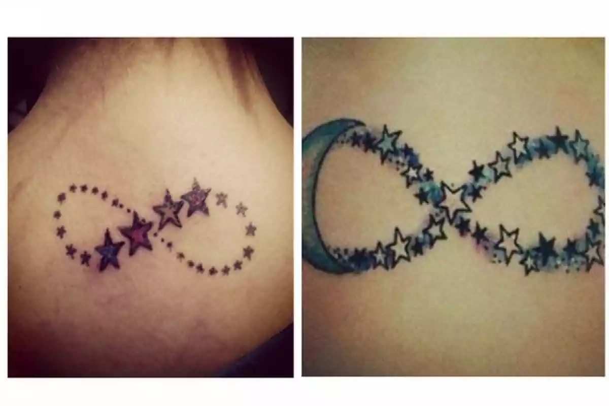 Dos dibujos de símbolos del infinito con estrellas de colores en rojo y azul Dos dibujos de símbolos del infinito con estrellas de colores en rojo y azul