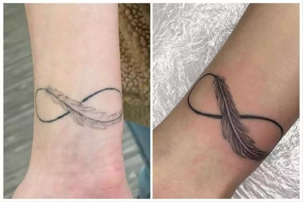 Dos fotos de muñecas con dos tatuajes que tienen el símbolo del infinito hecho con una pluma Dos fotos de muñecas con dos tatuajes que tienen el símbolo del infinito hecho con una pluma