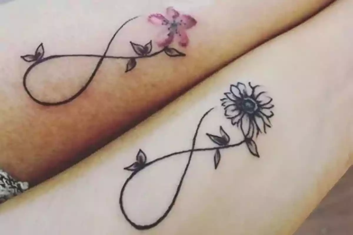 Foto con dos brazos tatuados en los que aparecen dos símbolos del infinito con una flor en negro y otra en color Foto con dos brazos tatuados en los que aparecen dos símbolos del infinito con una flor en negro y otra en color