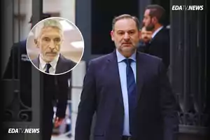 Hombre de traje caminando al aire libre con expresión seria y un recuadro circular mostrando el rostro de otro hombre de cabello canoso y barba, ambos en un entorno profesional