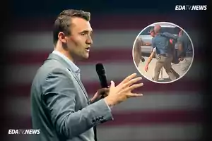 Hombre joven con micrófono hablando en público con una imagen circular superpuesta de un altercado entre varias personas y el logo de EDATV NEWS en las esquinas