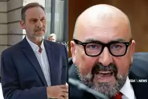 Dos hombres de mediana edad con barba y traje, uno de ellos al aire libre y el otro en un primer plano con gafas y expresión seria
